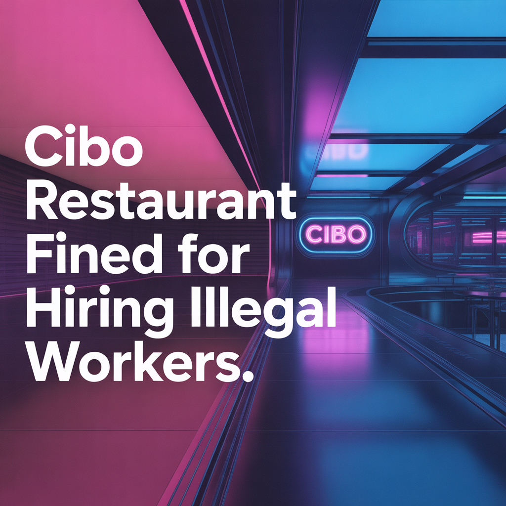 “Digital poster showing neon-lit restaurant interior with bold text reading ‘Cibo Restaurant Fined for Hiring Illegal Workers.’”