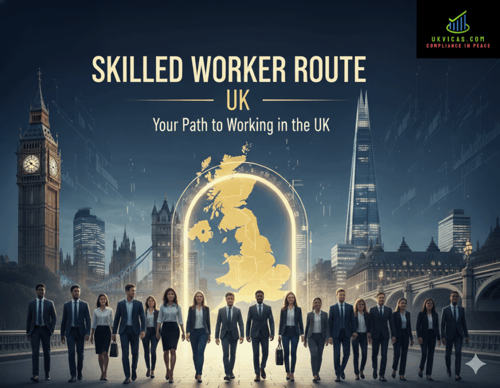 Skilled Worker Route UK visa banner with London skyline, business professionals, and UK map. Your path to working in the UK