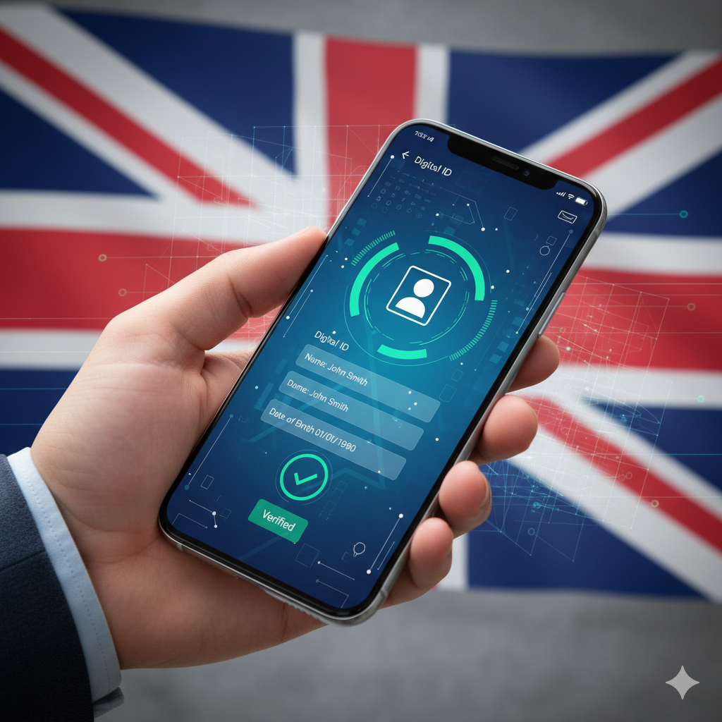 Close-up of a hand holding a smartphone showing a generic digital ID interface for UK Right to Work checks, with a blurred Union Jack flag in the background.