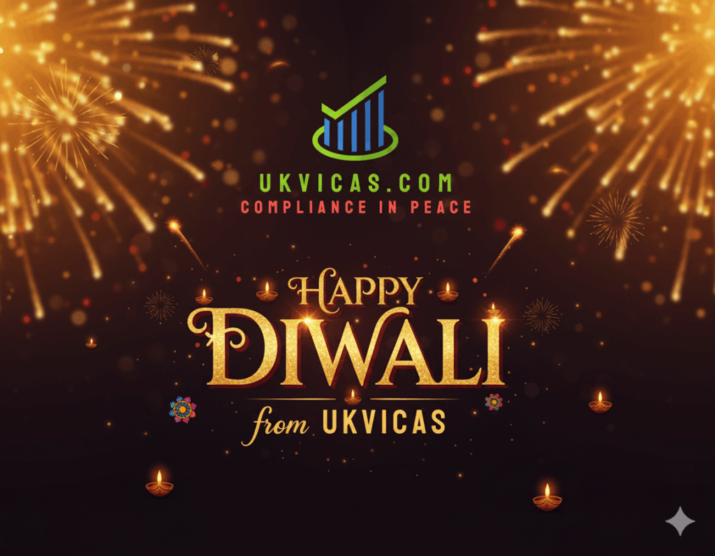 "Festive Diwali greeting image from UKVICAS, featuring gold fireworks, glowing diyas (lamps), and the message 'Happy Diwali from UKVICAS' with the UKVICAS logo and slogan 'Compliance in Peace' on a dark background."