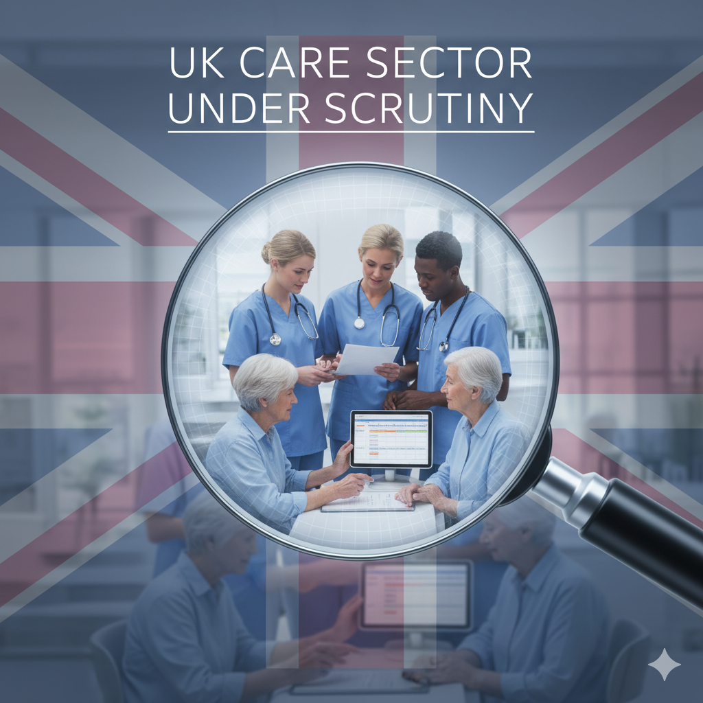 Magnifying glass on UK care workers & patients, symbolizing intense scrutiny on the UK care sector and Home Office compliance.