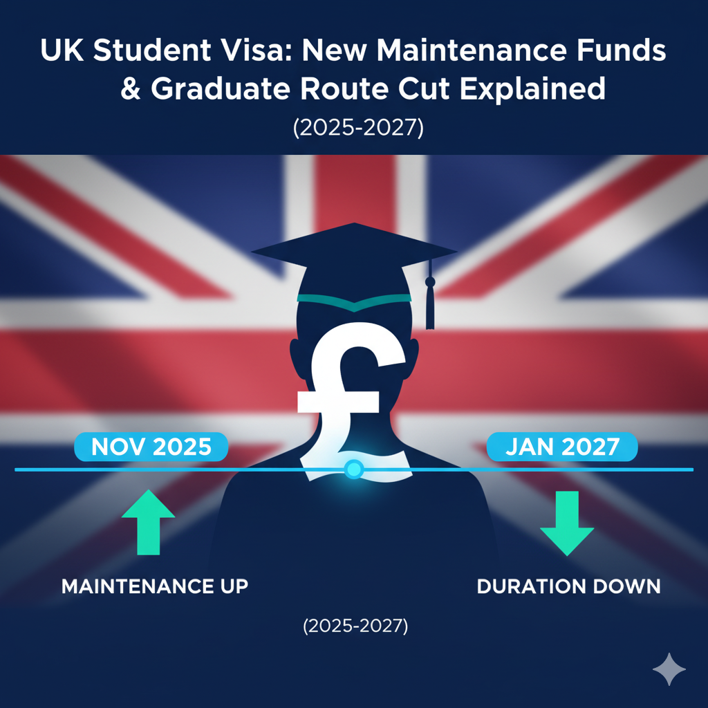 Graphic illustrating UK Student Visa and Graduate Route changes with a UK flag backdrop. It shows "Maintenance Up" from Nov 2025 and "Duration Down" from Jan 2027, centered around a student silhouette and pound sterling symbol.