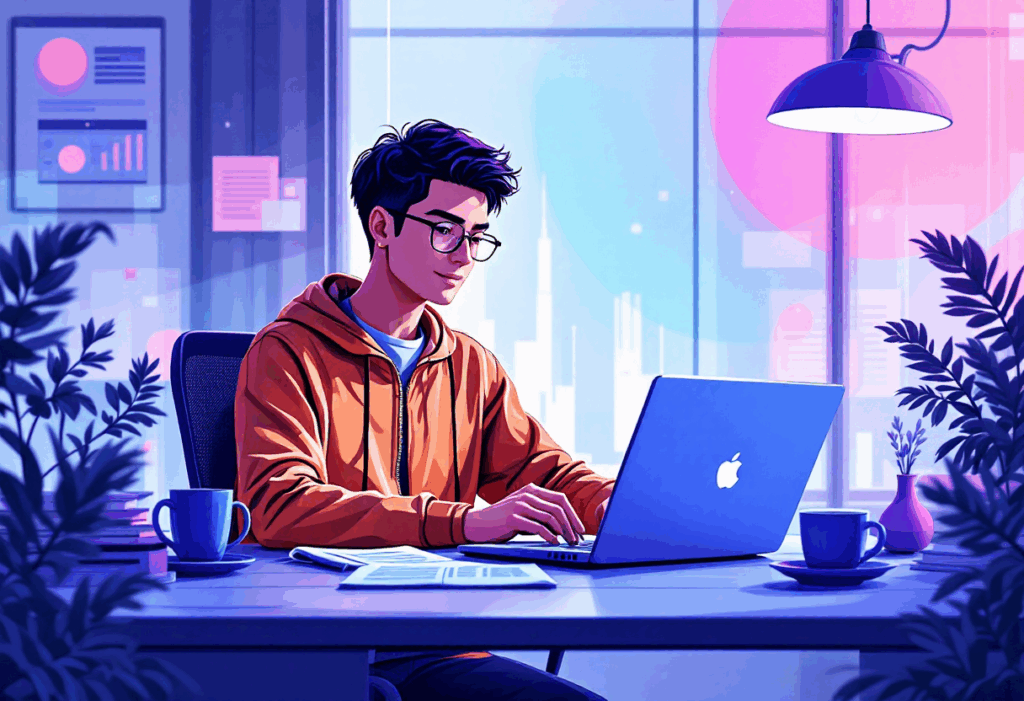 Young student wearing glasses and an orange hoodie intently working on a laptop in a modern, purple and blue-toned office, representing preparation or study for an important event like a UK student visa interview.