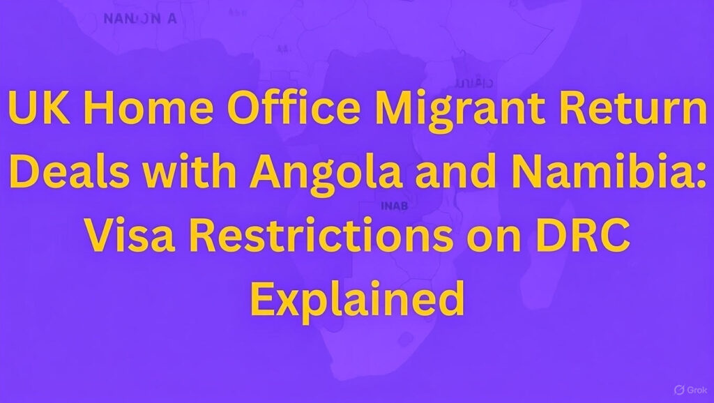 
The image features a bold headline in yellow text against a vibrant purple background. The text reads: "UK Home Office Migrant Return Deals with Angola and Namibia: Visa Restrictions on DRC Explained." A faint, low-opacity map of the African continent is visible in the background, adding subtle geographic context to the subject matter.