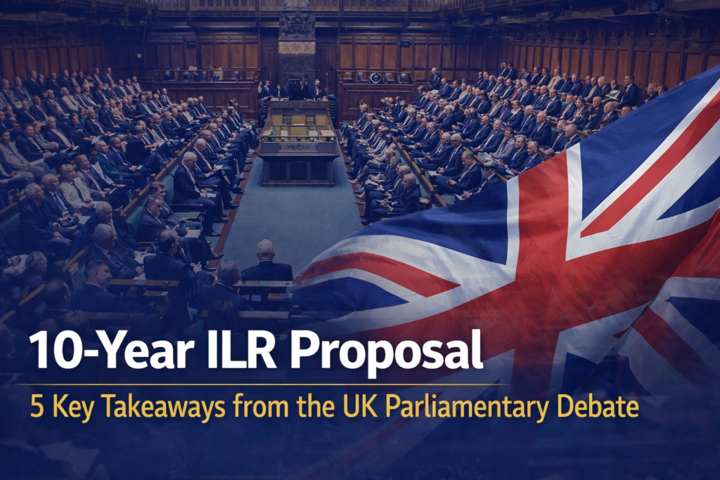 UK Parliament debating the proposed 10-year ILR settlement rule with Union Jack backdrop