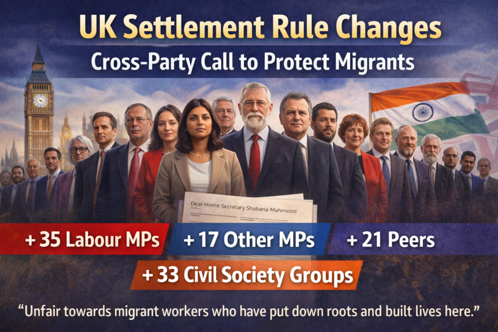 Graphic titled “UK Settlement Rule Changes” showing cross-party opposition to retrospective immigration reforms, highlighting 35 Labour MPs, 17 other MPs, 21 peers and 33 civil society organisations backing a letter to Home Secretary Shabana Mahmood