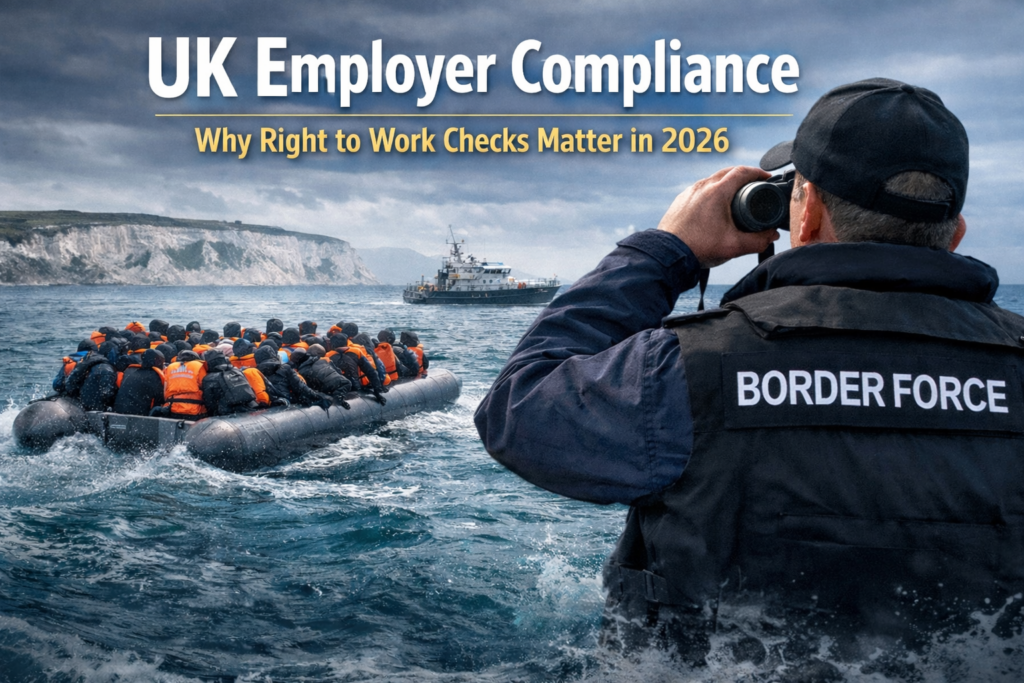 UK Border Force monitoring small boat migration across the English Channel, highlighting why UK employer compliance and Right to Work checks matter in 2026